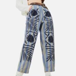 Urban Outfitters Kimchi Blue Striped Embroidered Pleated Jeans